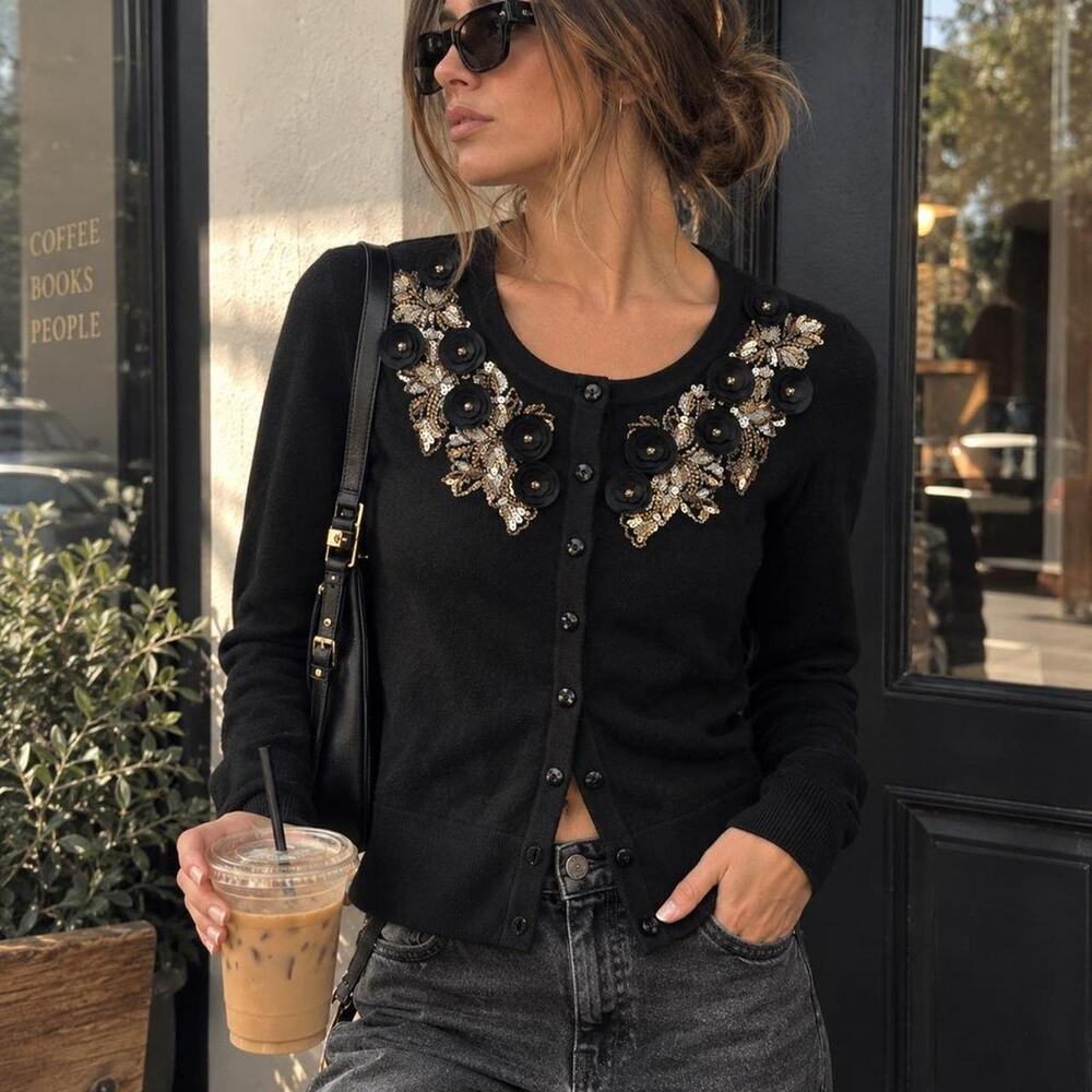 White House Black Market Black Floral Sequin Beaded Cardigan XS